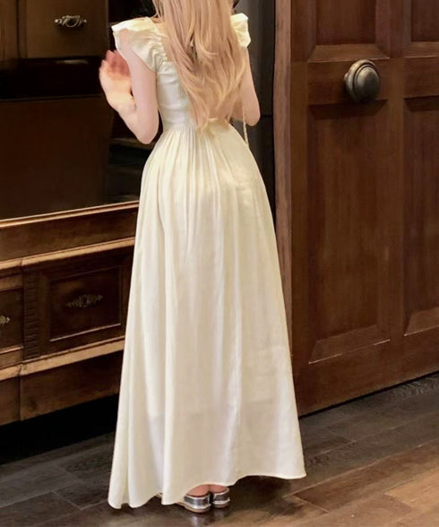 フリル付きワンピース ノースリーブワンピ レディース スクエアネックリゾートワンピース ハイウエストフレアワンピース バックシャーリング 春夏ロングワンピ 韓国風 6YIGUL-007