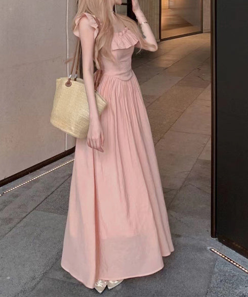 フリル付きワンピース ノースリーブワンピ レディース スクエアネックリゾートワンピース ハイウエストフレアワンピース バックシャーリング 春夏ロングワンピ 韓国風 6YIGUL-007