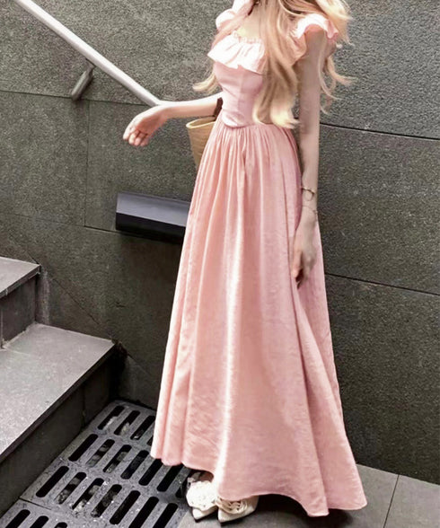 フリル付きワンピース ノースリーブワンピ レディース スクエアネックリゾートワンピース ハイウエストフレアワンピース バックシャーリング 春夏ロングワンピ 韓国風 6YIGUL-007