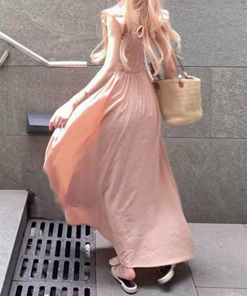 フリル付きワンピース ノースリーブワンピ レディース スクエアネックリゾートワンピース ハイウエストフレアワンピース バックシャーリング 春夏ロングワンピ 韓国風 6YIGUL-007