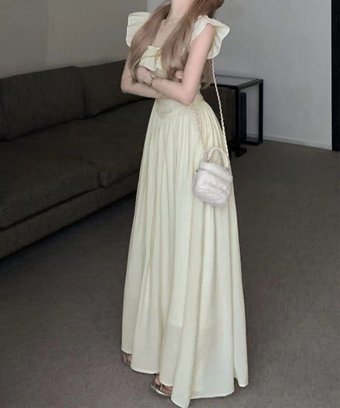 フリル付きワンピース ノースリーブワンピ レディース スクエアネックリゾートワンピース ハイウエストフレアワンピース バックシャーリング 春夏ロングワンピ 韓国風 6YIGUL-007