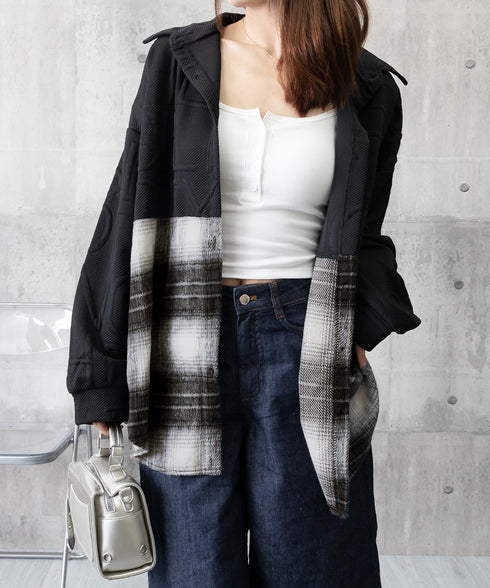 エンボスロゴスウェットアウターチェック柄 レディース 型押し羽織り オーバーサイズ ライトアウター 体型カバー ビッグシルエット春秋服 韓国風 シャツアウター長袖 6YIGUL-008