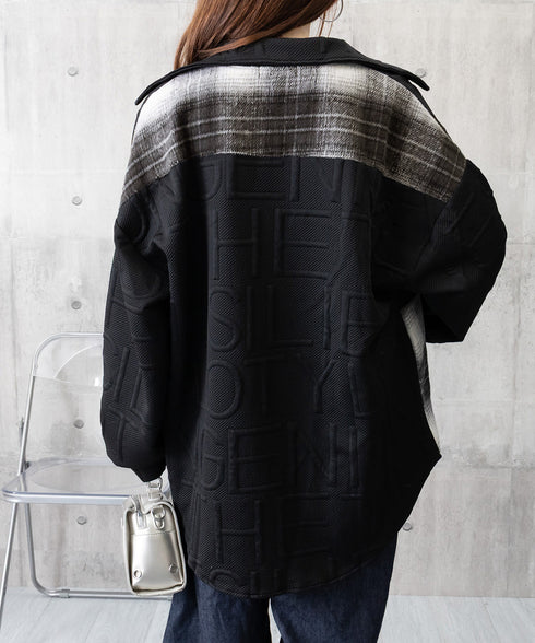 エンボスロゴスウェットアウターチェック柄 レディース 型押し羽織り オーバーサイズ ライトアウター 体型カバー ビッグシルエット春秋服 韓国風 シャツアウター長袖 6YIGUL-008
