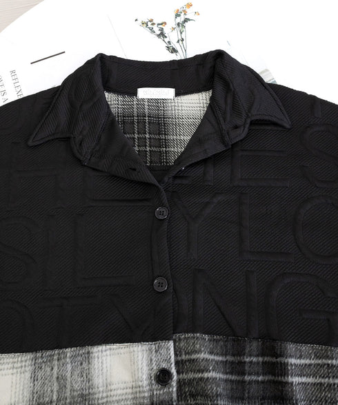 エンボスロゴスウェットアウターチェック柄 レディース 型押し羽織り オーバーサイズ ライトアウター 体型カバー ビッグシルエット春秋服 韓国風 シャツアウター長袖 6YIGUL-008