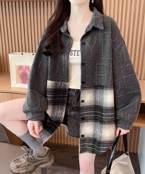 エンボスロゴスウェットアウターチェック柄 レディース 型押し羽織り オーバーサイズ ライトアウター 体型カバー ビッグシルエット春秋服 韓国風 シャツアウター長袖 6YIGUL-008