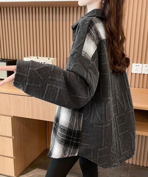 エンボスロゴスウェットアウターチェック柄 レディース 型押し羽織り オーバーサイズ ライトアウター 体型カバー ビッグシルエット春秋服 韓国風 シャツアウター長袖 6YIGUL-008