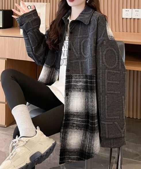 エンボスロゴスウェットアウターチェック柄 レディース 型押し羽織り オーバーサイズ ライトアウター 体型カバー ビッグシルエット春秋服 韓国風 シャツアウター長袖 6YIGUL-008