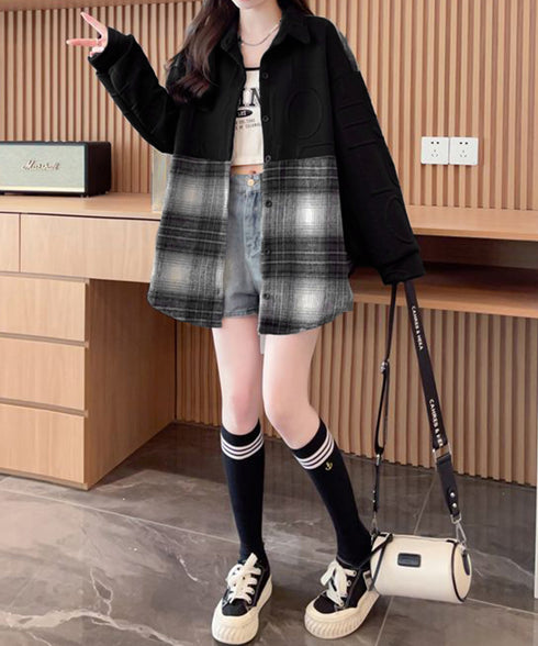 エンボスロゴスウェットアウターチェック柄 レディース 型押し羽織り オーバーサイズ ライトアウター 体型カバー ビッグシルエット春秋服 韓国風 シャツアウター長袖 6YIGUL-008