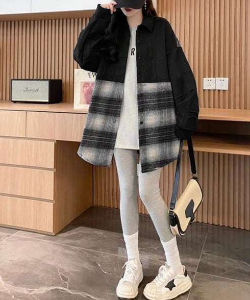 エンボスロゴスウェットアウターチェック柄 レディース 型押し羽織り オーバーサイズ ライトアウター 体型カバー ビッグシルエット春秋服 韓国風 シャツアウター長袖 6YIGUL-008