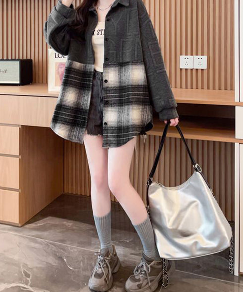 エンボスロゴスウェットアウターチェック柄 レディース 型押し羽織り オーバーサイズ ライトアウター 体型カバー ビッグシルエット春秋服 韓国風 シャツアウター長袖 6YIGUL-008