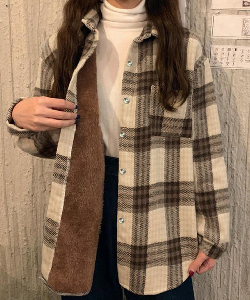 裏起毛チェックシャツジャケット ゆったり レディース レトロ風 厚手シャツカーディガン あったたか長袖軽アウター カジュアル シャツアウター 体型カバー ふわふわ 6YINGXIANG-001