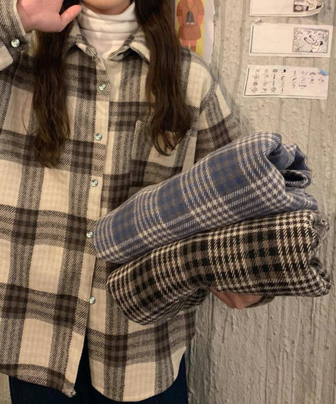 裏起毛チェックシャツジャケット ゆったり レディース レトロ風 厚手シャツカーディガン あったたか長袖軽アウター カジュアル シャツアウター 体型カバー ふわふわ 6YINGXIANG-001