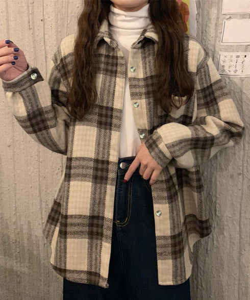 裏起毛チェックシャツジャケット ゆったり レディース レトロ風 厚手シャツカーディガン あったたか長袖軽アウター カジュアル シャツアウター 体型カバー ふわふわ 6YINGXIANG-001