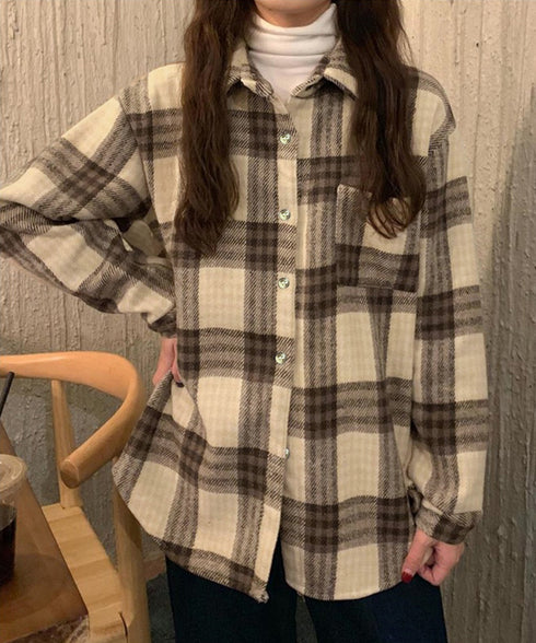 裏起毛チェックシャツジャケット ゆったり レディース レトロ風 厚手シャツカーディガン あったたか長袖軽アウター カジュアル シャツアウター 体型カバー ふわふわ 6YINGXIANG-001