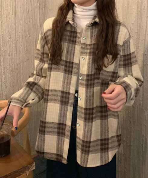 裏起毛チェックシャツジャケット ゆったり レディース レトロ風 厚手シャツカーディガン あったたか長袖軽アウター カジュアル シャツアウター 体型カバー ふわふわ 6YINGXIANG-001