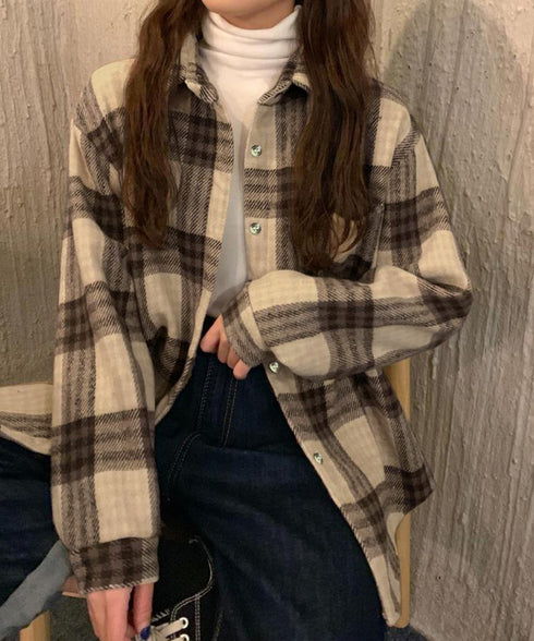 裏起毛チェックシャツジャケット ゆったり レディース レトロ風 厚手シャツカーディガン あったたか長袖軽アウター カジュアル シャツアウター 体型カバー ふわふわ 6YINGXIANG-001