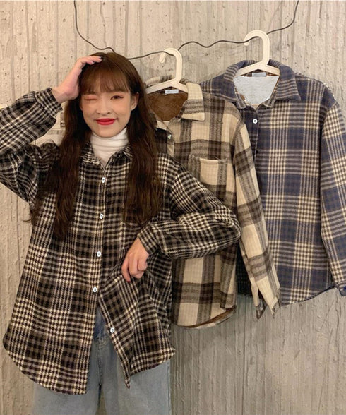 裏起毛チェックシャツジャケット ゆったり レディース レトロ風 厚手シャツカーディガン あったたか長袖軽アウター カジュアル シャツアウター 体型カバー ふわふわ 6YINGXIANG-001