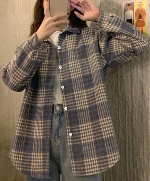 裏起毛チェックシャツジャケット ゆったり レディース レトロ風 厚手シャツカーディガン あったたか長袖軽アウター カジュアル シャツアウター 体型カバー ふわふわ 6YINGXIANG-001