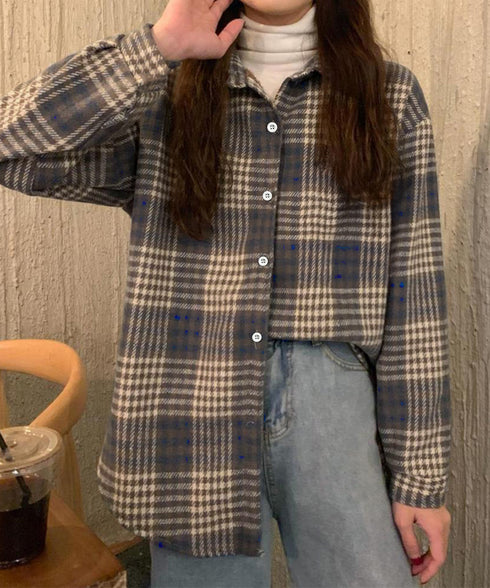 裏起毛チェックシャツジャケット ゆったり レディース レトロ風 厚手シャツカーディガン あったたか長袖軽アウター カジュアル シャツアウター 体型カバー ふわふわ 6YINGXIANG-001