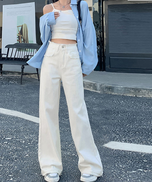 フリンジ デニムパンツ ハイウエスト美脚 レディース ストレートパンツ ゆったりセミワイドパンツ 韓国風ジーンズ 脚長ロングパンツ 着やせジーパン オールジーンズ 6YISHANG-001
