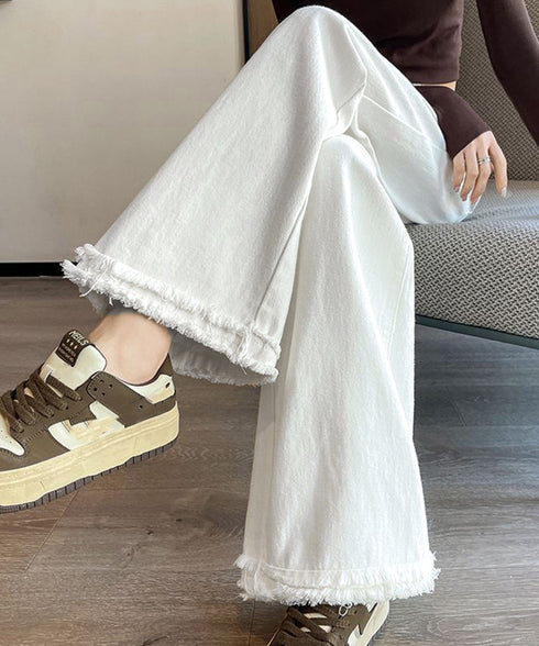 フリンジ デニムパンツ ハイウエスト美脚 レディース ストレートパンツ ゆったりセミワイドパンツ 韓国風ジーンズ 脚長ロングパンツ 着やせジーパン オールジーンズ 6YISHANG-001