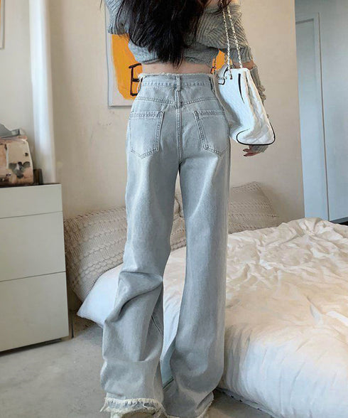 フリンジ デニムパンツ ハイウエスト美脚 レディース ストレートパンツ ゆったりセミワイドパンツ 韓国風ジーンズ 脚長ロングパンツ 着やせジーパン オールジーンズ 6YISHANG-001