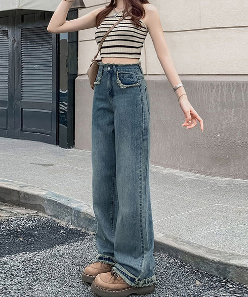 フリンジ デニムパンツ ハイウエスト美脚 レディース ストレートパンツ ゆったりセミワイドパンツ 韓国風ジーンズ 脚長ロングパンツ 着やせジーパン オールジーンズ 6YISHANG-001