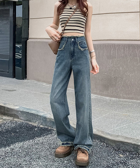フリンジ デニムパンツ ハイウエスト美脚 レディース ストレートパンツ ゆったりセミワイドパンツ 韓国風ジーンズ 脚長ロングパンツ 着やせジーパン オールジーンズ 6YISHANG-001