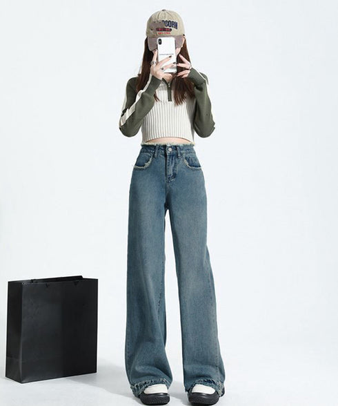フリンジ デニムパンツ ハイウエスト美脚 レディース ストレートパンツ ゆったりセミワイドパンツ 韓国風ジーンズ 脚長ロングパンツ 着やせジーパン オールジーンズ 6YISHANG-001
