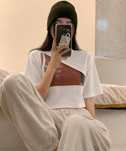 レイヤードタンク付きTシャツカットアウト アシンメトリーTシャツ タンクトップ2点セット レディース Y2Kレイヤードトップスクロップド丈 半袖カットソー 韓国風 6YIXIU-001