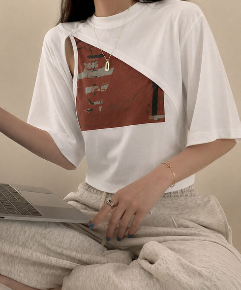 レイヤードタンク付きTシャツカットアウト アシンメトリーTシャツ タンクトップ2点セット レディース Y2Kレイヤードトップスクロップド丈 半袖カットソー 韓国風 6YIXIU-001