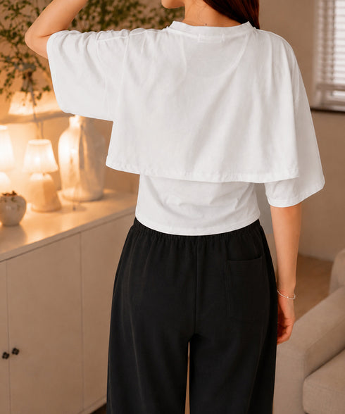 レイヤードタンク付きTシャツカットアウト アシンメトリーTシャツ タンクトップ2点セット レディース Y2Kレイヤードトップスクロップド丈 半袖カットソー 韓国風 6YIXIU-001