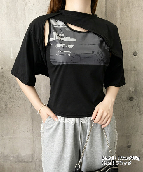 レイヤードタンク付きTシャツカットアウト アシンメトリーTシャツ タンクトップ2点セット レディース Y2Kレイヤードトップスクロップド丈 半袖カットソー 韓国風 6YIXIU-001