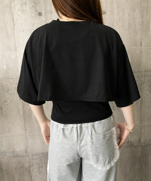 レイヤードタンク付きTシャツカットアウト アシンメトリーTシャツ タンクトップ2点セット レディース Y2Kレイヤードトップスクロップド丈 半袖カットソー 韓国風 6YIXIU-001