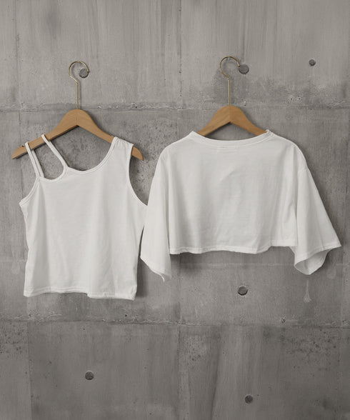 レイヤードタンク付きTシャツカットアウト アシンメトリーTシャツ タンクトップ2点セット レディース Y2Kレイヤードトップスクロップド丈 半袖カットソー 韓国風 6YIXIU-001