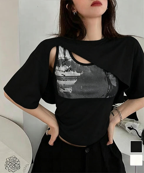 レイヤードタンク付きTシャツカットアウト アシンメトリーTシャツ タンクトップ2点セット レディース Y2Kレイヤードトップスクロップド丈 半袖カットソー 韓国風 6YIXIU-001