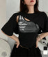 レイヤードタンク付きTシャツカットアウト アシンメトリーTシャツ タンクトップ2点セット レディース Y2Kレイヤードトップスクロップド丈 半袖カットソー 韓国風 6YIXIU-001
