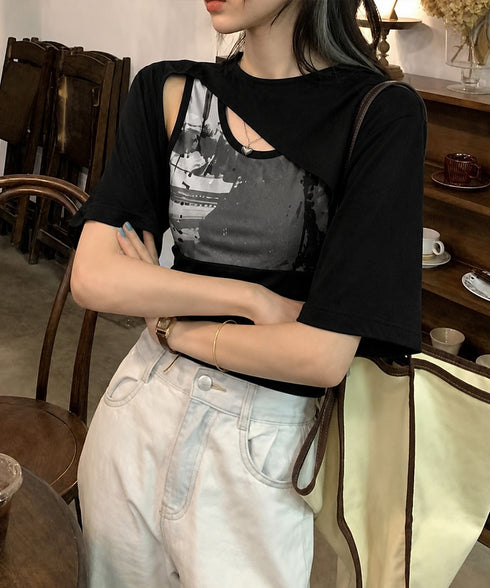 レイヤードタンク付きTシャツカットアウト アシンメトリーTシャツ タンクトップ2点セット レディース Y2Kレイヤードトップスクロップド丈 半袖カットソー 韓国風 6YIXIU-001