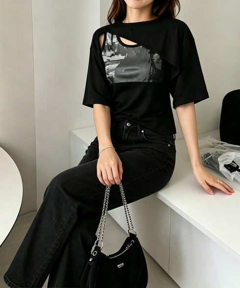 レイヤードタンク付きTシャツカットアウト アシンメトリーTシャツ タンクトップ2点セット レディース Y2Kレイヤードトップスクロップド丈 半袖カットソー 韓国風 6YIXIU-001