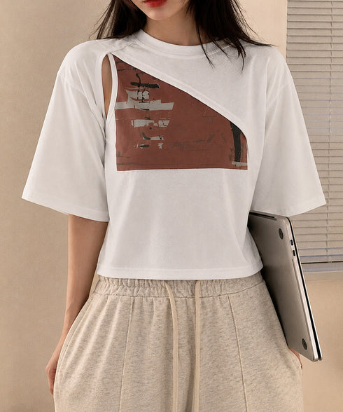 レイヤードタンク付きTシャツカットアウト アシンメトリーTシャツ タンクトップ2点セット レディース Y2Kレイヤードトップスクロップド丈 半袖カットソー 韓国風 6YIXIU-001