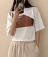 レイヤードタンク付きTシャツカットアウト アシンメトリーTシャツ タンクトップ2点セット レディース Y2Kレイヤードトップスクロップド丈 半袖カットソー 韓国風 6YIXIU-001