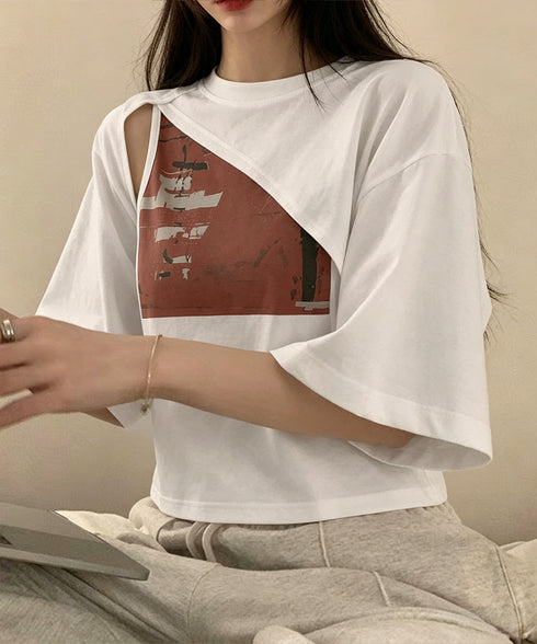 レイヤードタンク付きTシャツカットアウト アシンメトリーTシャツ タンクトップ2点セット レディース Y2Kレイヤードトップスクロップド丈 半袖カットソー 韓国風 6YIXIU-001