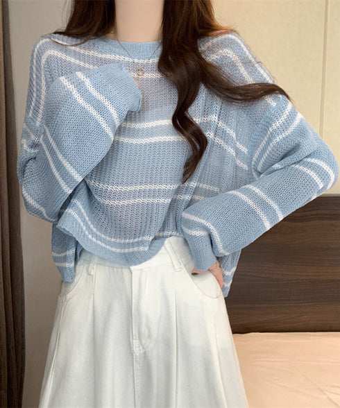 透かし編み ニットトップス ボーダー夏服 サマーニット レディース クルーネック ショート丈トップス ゆったり プルオーバー 大人カジュアル 冷房対策 日焼け止め 6YIYUAN-002