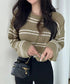 透かし編み ニットトップス ボーダー夏服 サマーニット レディース クルーネック ショート丈トップス ゆったり プルオーバー 大人カジュアル 冷房対策 日焼け止め 6YIYUAN-002