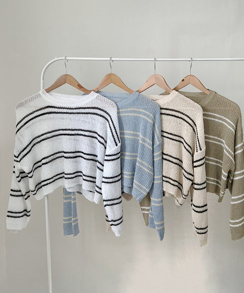 透かし編み ニットトップス ボーダー夏服 サマーニット レディース クルーネック ショート丈トップス ゆったり プルオーバー 大人カジュアル 冷房対策 日焼け止め 6YIYUAN-002