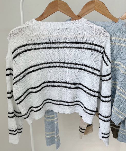 透かし編み ニットトップス ボーダー夏服 サマーニット レディース クルーネック ショート丈トップス ゆったり プルオーバー 大人カジュアル 冷房対策 日焼け止め 6YIYUAN-002