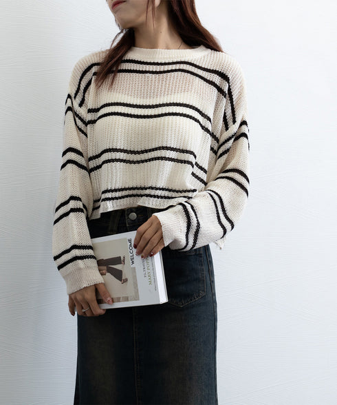 透かし編み ニットトップス ボーダー夏服 サマーニット レディース クルーネック ショート丈トップス ゆったり プルオーバー 大人カジュアル 冷房対策 日焼け止め 6YIYUAN-002