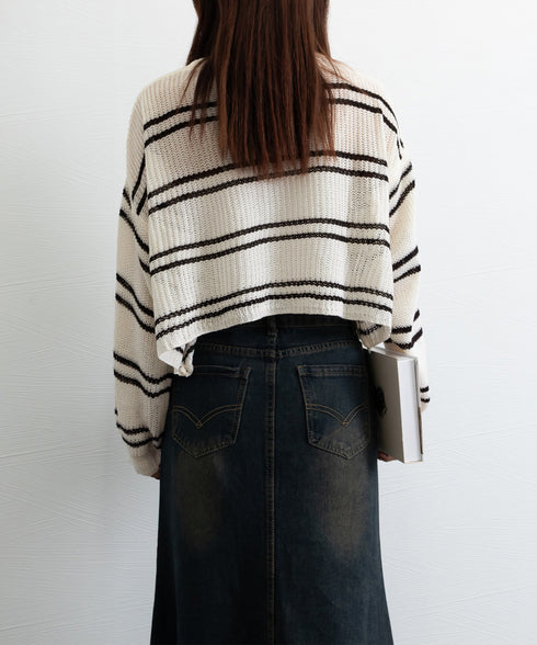 透かし編み ニットトップス ボーダー夏服 サマーニット レディース クルーネック ショート丈トップス ゆったり プルオーバー 大人カジュアル 冷房対策 日焼け止め 6YIYUAN-002