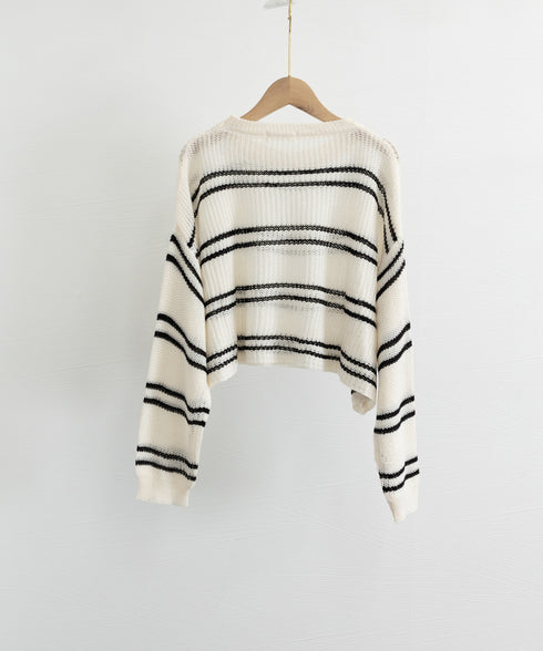 透かし編み ニットトップス ボーダー夏服 サマーニット レディース クルーネック ショート丈トップス ゆったり プルオーバー 大人カジュアル 冷房対策 日焼け止め 6YIYUAN-002