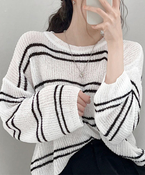 透かし編み ニットトップス ボーダー夏服 サマーニット レディース クルーネック ショート丈トップス ゆったり プルオーバー 大人カジュアル 冷房対策 日焼け止め 6YIYUAN-002